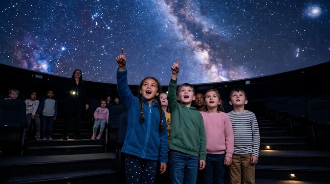 Children gaze up in wonder at a planetarium showing the Milky Way galaxy