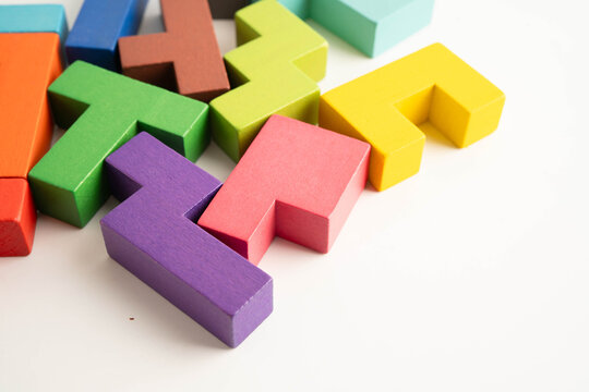 Logical thinking solution, wooden puzzle geometric shape block.