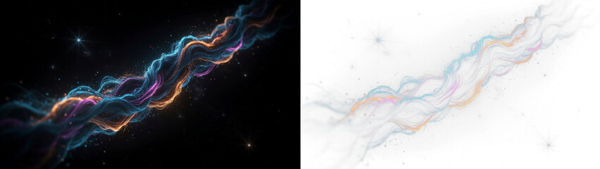 Obraz premium Abstract cosmic energy flow with glowing particles and swirling nebula waves, dynamic light trails in deep space, digital art composition isolated on transparent background
