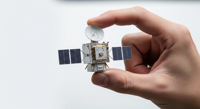 Hand holding miniature satellite model with solar panels against white background