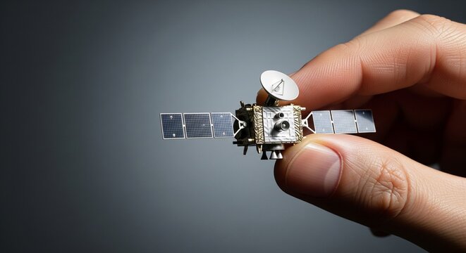 Close-up of miniature satellite model held by human hand against neutral background