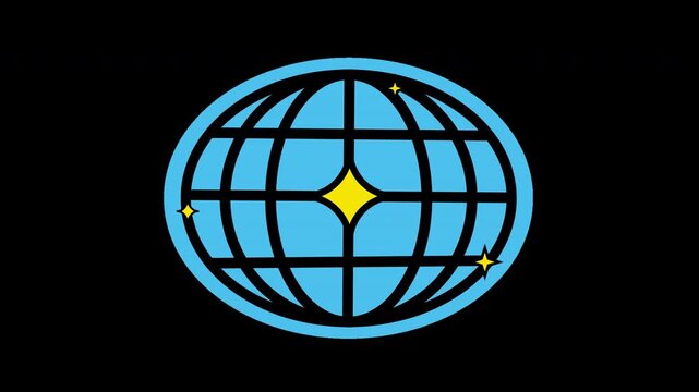 Animated blue globe icon with yellow star blinking and looping motion graphic, Alpha channel, transparent background.