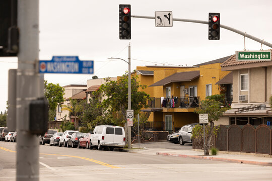 Overcast stormy sky over apartment homes in Montebello, California, USA.