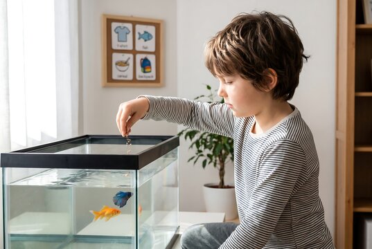 Child Feeding Pet Fish As Daily Responsibility Task