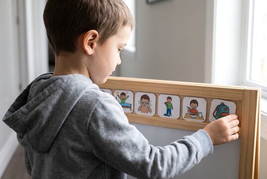 Child Using Visual Routine Board For Daily Tasks