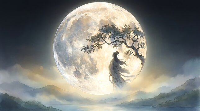 Chang'e silhouette against giant full moon