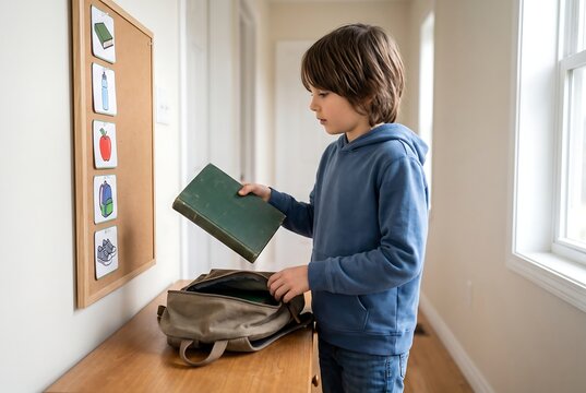 Young Boy Packing Items Into School Backpack