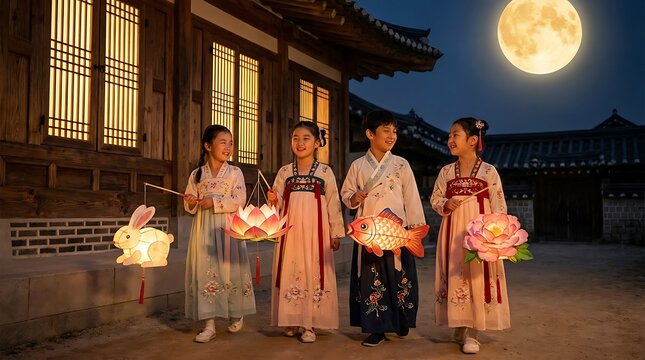 Children in traditional clothes carrying lanterns