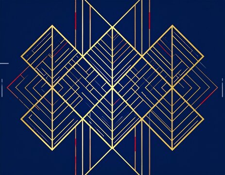 Luxury Gold Geometric Art Deco Ornament on Blue Background
