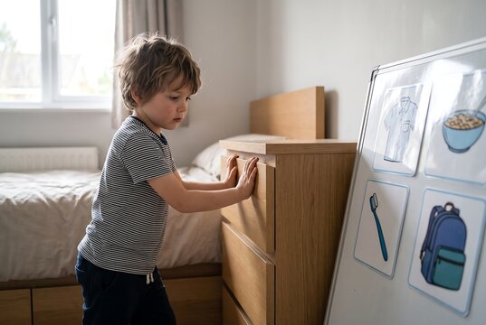 Young Child Putting Clothes Into Storage Drawer Independently