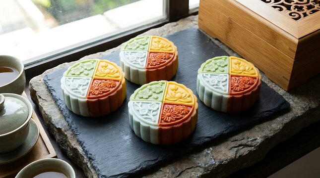 Four colored mooncakes displayed on a dark stone slate