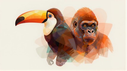 Naklejka premium Toucan and gorilla in vibrant, stylized artwork with soft colorful backgrounds.