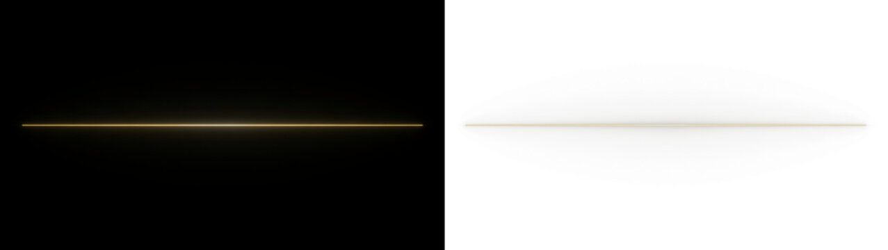 A thin, glowing horizontal line of golden light centered against a split background of deep black and pure white isolated on transparent background