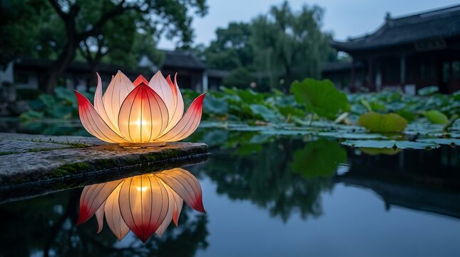 Lotus lantern glowing on garden pond water at dusk