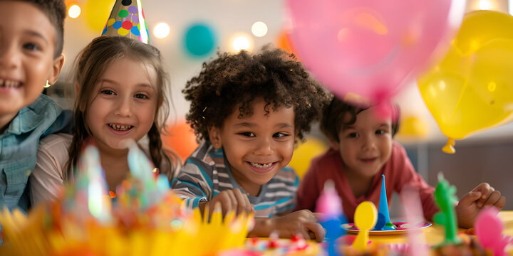 Happy Children Celebrating Birthday Party with Colorful Balloons and Cake | Group of Smiling Kids Having Fun at Colorful Birthday Celebration | Multicultural Children Enjoying Birthday Party 