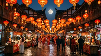 Naklejka premium Red lanterns lit in old town during night festival