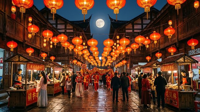 Red lanterns lit in old town during night festival