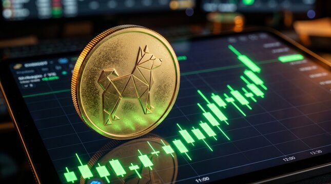 Polished Gold Shiba Inu Coin Over Bullish Candlestick Chart