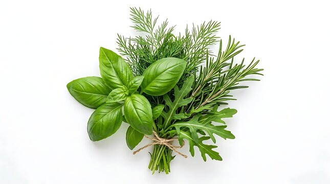 Fresh Green Herb Bunch with Basil, Rosemary, Dill, and Arugula Tied with Twine Isolated on White Background. Organic Culinary Spices and Seasoning Ingredients for Food Menu and Kitchen Design.