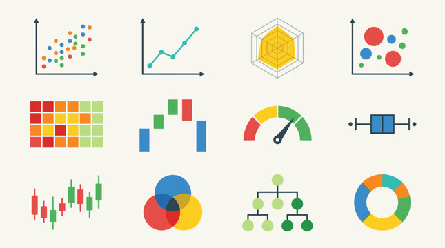 Collection of colorful data visualization charts and financial graphs for business analytics