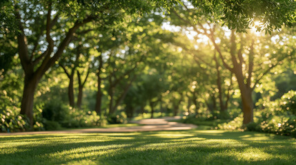 Obraz premium Sun-dappled Pathway Through a Lush Garden: A serene garden pathway meanders through a vibrant landscape, bathed in the warm, golden light of the sun, creating a tranquil and inviting atmosphere.