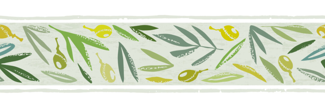 Vector drawing of grunge olives and leaves, seamless border