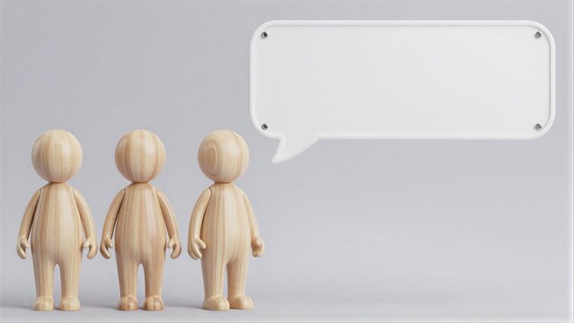 Three wooden figures, one with arms crossed, beside a speech bubble.