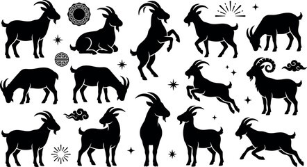 Fototapeta premium Chinese zodiac goat silhouette icon collection vector set featuring traditional ram sheep animals with stars and oriental cloud ornaments