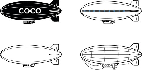 Blimp and Zeppelin Airship Vector Icon Set with Outline Silhouette and Retro Aviation Symbols for Flight Transportation and Advertising Logo Designs © Lutfar