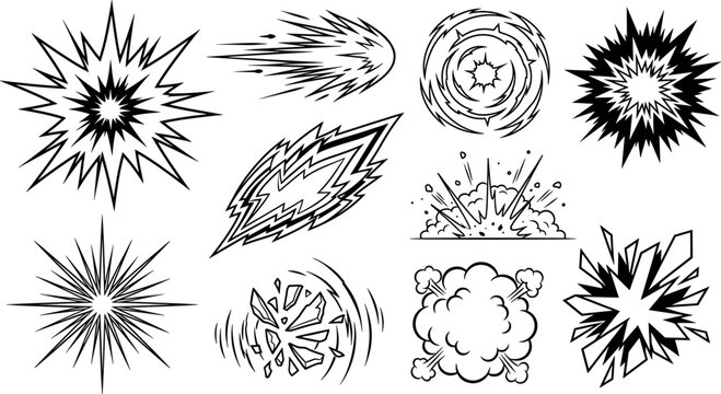 Comic book explosion and speed line burst icon set with black comic sound effect pop art design elements vector.