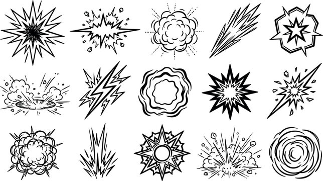 Comic book explosion burst and retro cloud sound effect icon set with black comic lightning flash dynamic design elements vector.