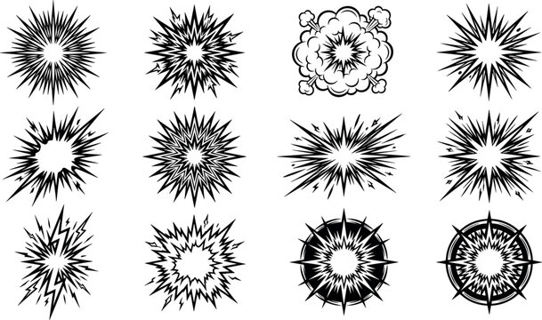 Comic book explosion burst and retro cloud sound effect icon set with black comic lightning flash dynamic design elements vector.