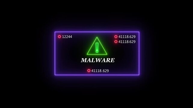 Cybersecurity warning alert featuring a glowing neon malware notification sign with dynamic digital data streams and warning symbols for advanced network protection and information technology