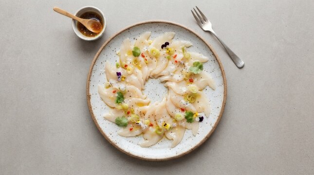 Overhead Flat Lay Raw Geoduck Crudo Arranged Thin Slices Plate Isolated Bare Neutral Backdrop

