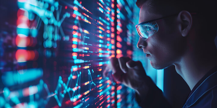 Cybersecurity Analyst Monitoring Digital Data and Computer Network Systems | IT Professional Analyzing Big Data and Cyber Security Information on Digital Screens | Technology Specialist Working 