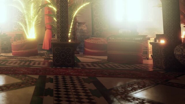 Light shines in a room filled with patterned tiles and colorful decor. Plants sit around the space, creating a warm atmosphere. This is a typical setting in Morocco.