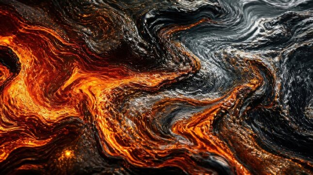Abstract flowing liquid surface with glowing fiery orange and dark obsidian waves