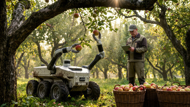 Autonomous Agricultural Robot Harvesting Apples Monitored by Farmer with Tablet in Sunlit Orchard