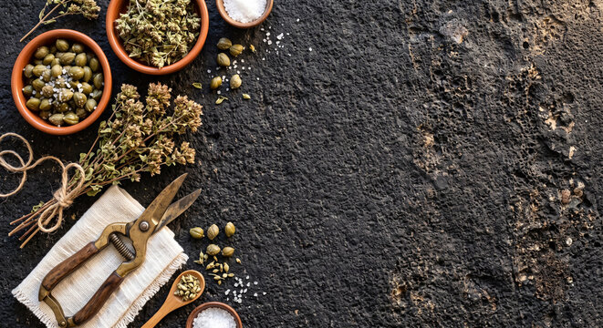 Creative top view of Sicilian wild oregano and caper berries on volcanic basalt