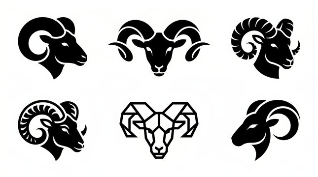A comprehensive collection of diverse black ram head silhouettes showcasing powerful horns, distinct facial profiles, and artistic geometric shapes designed for branding and graphic projects