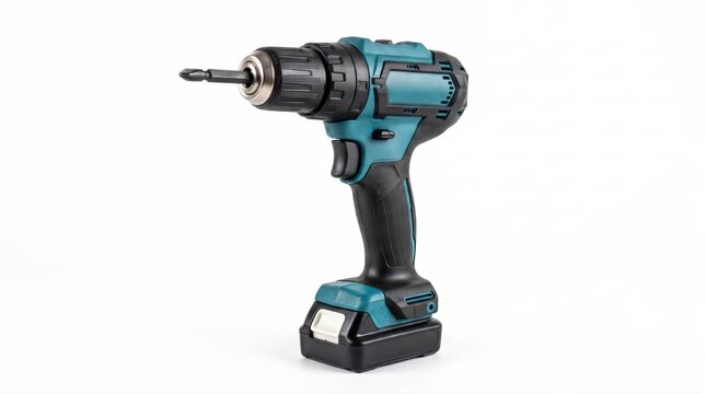 Professional compact cordless drill driver isolated on pure white background, modern lithium-ion power tool with ergonomic design and metal chuck, studio lighting, high-resolution product shot for ret