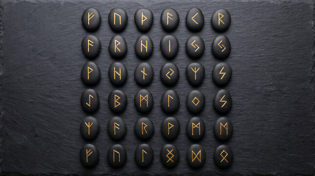 Ancient Scandinavian spiritual divination alphabet carved onto polished dark slate surface stones for traditional mystical fortune telling rituals by practitioners of esoteric arts