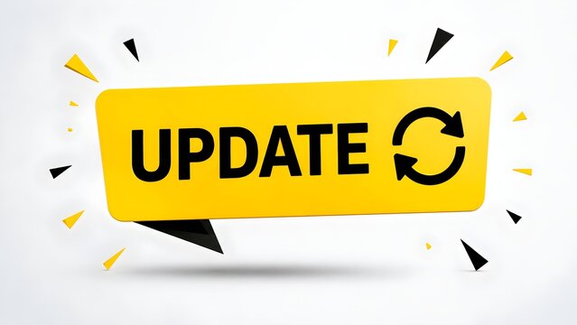 3D yellow update banner and speech bubble isolated on white background for marketing announcements and software notifications