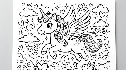 Naklejka premium A delightful black and white line art coloring page features a magical flying winged pony surrounded by fluffy clouds, twinkling stars, and lovely floating hearts for creative children