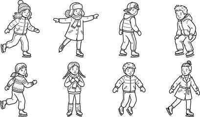 Obraz premium Line art winter season children ice skating character icon set with happy kids outdoor holiday sports activity coloring book vector.