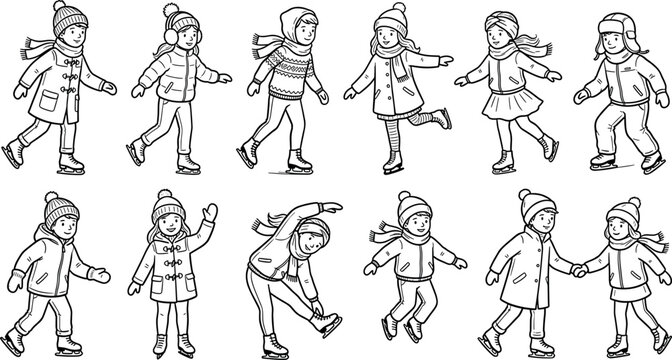 Line art kids ice skating in winter clothes character icon set with happy children outdoor activity festive sport holidays vector.