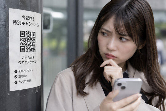 怪しいQRコードを警戒する女性