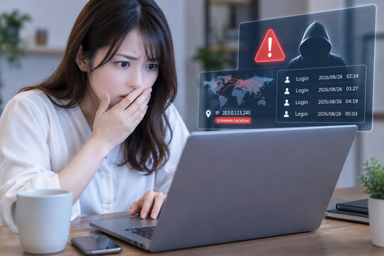 PCへの不正アクセスに気付く女性