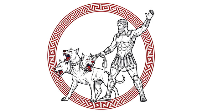 Ancient Greek hero controlling a mythical threeheaded monster hound inside a decorative circular frame representing legendary underworld tales and epic historical adventures for storytelling