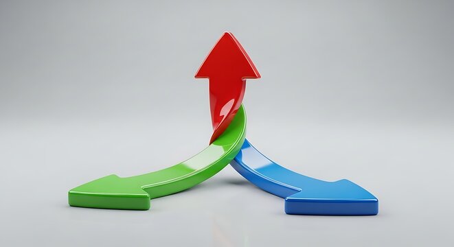 Three colorful arrows intertwining together represent choices and various directions